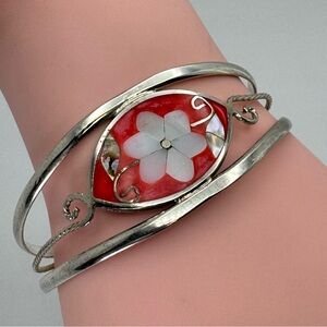 Vintage Alpaca Silver Mexico Red Mother of Pearl Floral Inlay Cuff Bracelet